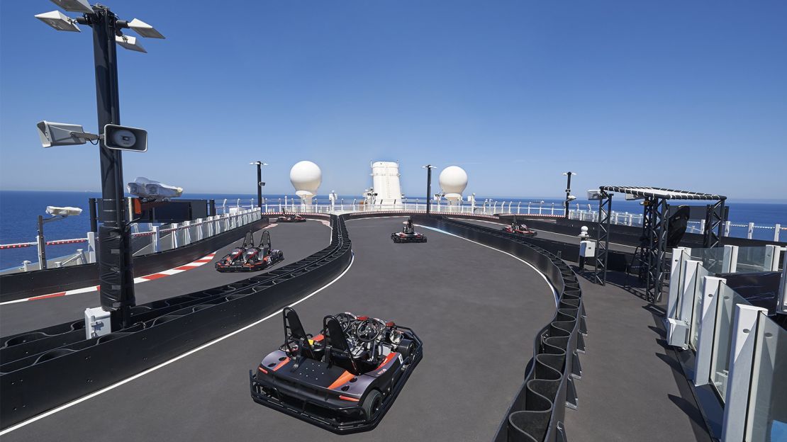 The Go Kart track aboard the Norwegian Bliss comes with a checkered flag.