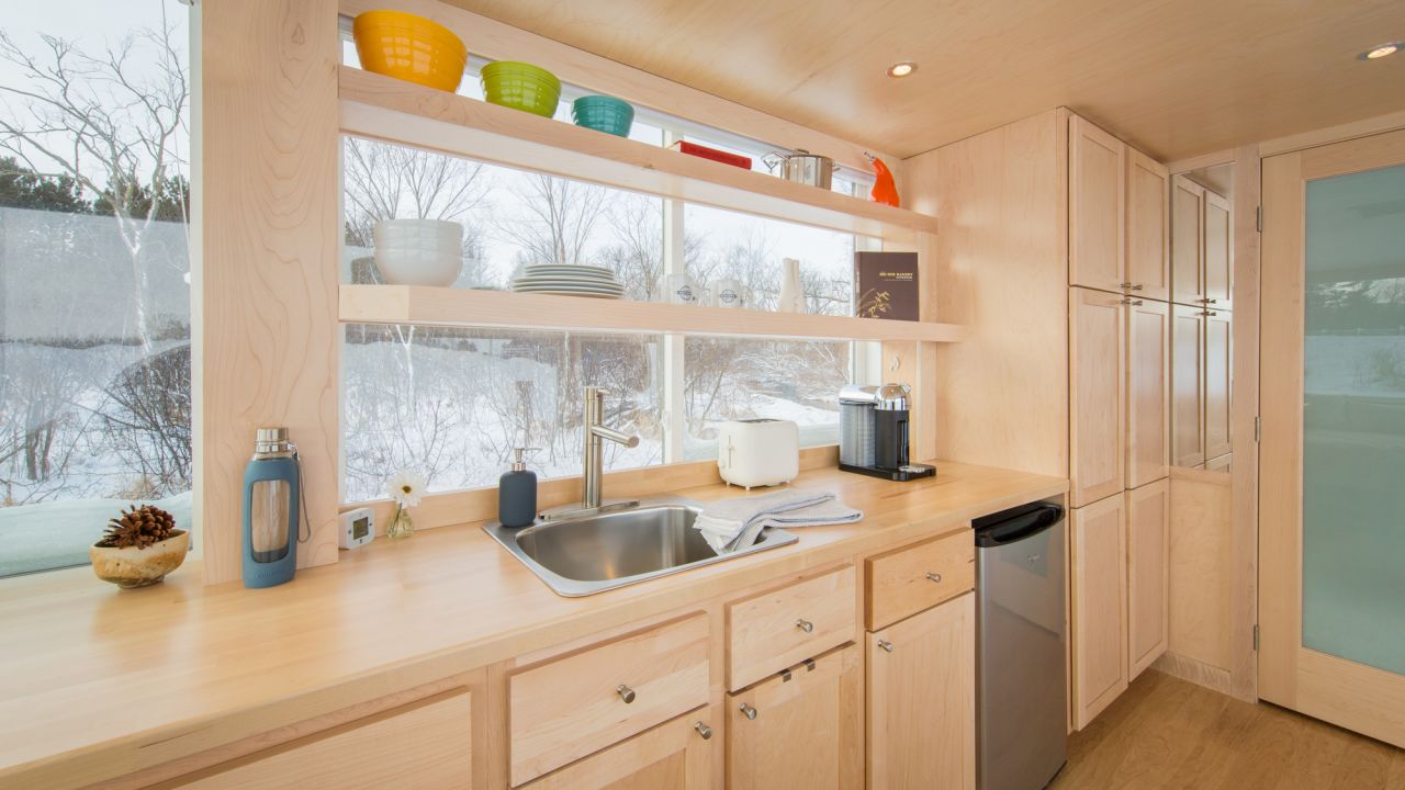 Inside the Vista, walls are all sheathed in pine; cabinets, drawers and shelves are built-in.  