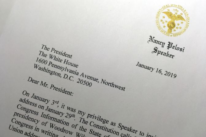 A portion of a letter that House Speaker Nancy Pelosi sent to President Trump on January 16 asks him to <a href="index.php?page=&url=https%3A%2F%2Fwww.cnn.com%2F2019%2F01%2F16%2Fpolitics%2Fnancy-pelosi-asks-trump-move-state-of-the-union-address%2Findex.html" target="_blank">postpone his upcoming State of the Union address</a> until the government reopens.