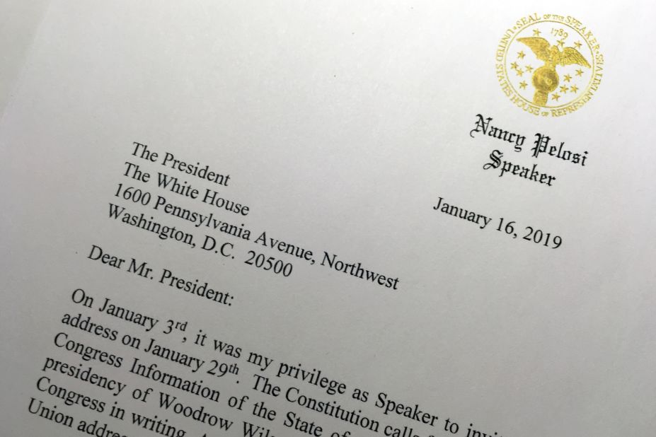 A portion of a letter that House Speaker Nancy Pelosi sent to President Trump on January 16 asks him to <a href="https://www.cnn.com/2019/01/16/politics/nancy-pelosi-asks-trump-move-state-of-the-union-address/index.html" target="_blank">postpone his upcoming State of the Union address</a> until the government reopens.