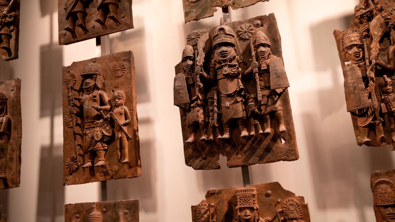 Plaques forming part of the Benin Bronzes on display at the British Museum.