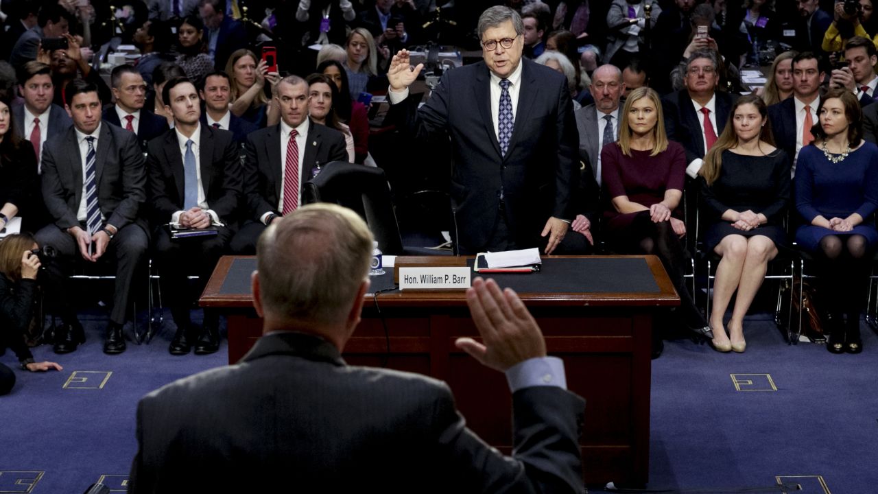 Attorney general nominee William Barr is sworn in by Senate Judiciary Committee Chairman Lindsey Graham before <a href="https://www.cnn.com/2019/01/15/politics/william-barr-hearing/index.html" target="_blank">Barr's confirmation hearing</a> on Tuesday, January 15. Barr took questions from senators for more than eight hours.