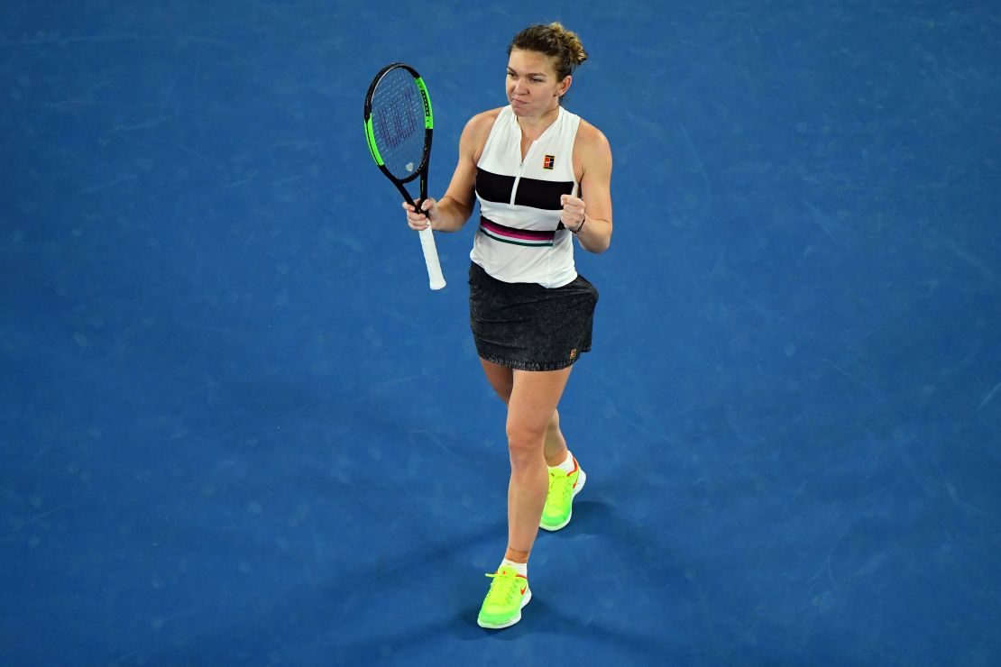 Simona Halep celebrates after defeating Sofia Kenin at the Australian Open.
