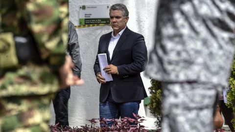 Colombian President Ivan Duque at the police cadet training school in Bogota after the attack.