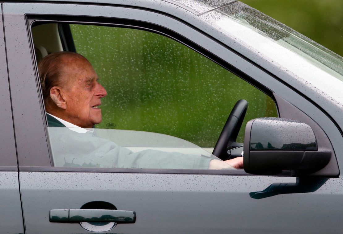 The Duke of Edinburgh sits in his Land Rover at the Royal Windsor Horse Show in May 2015.