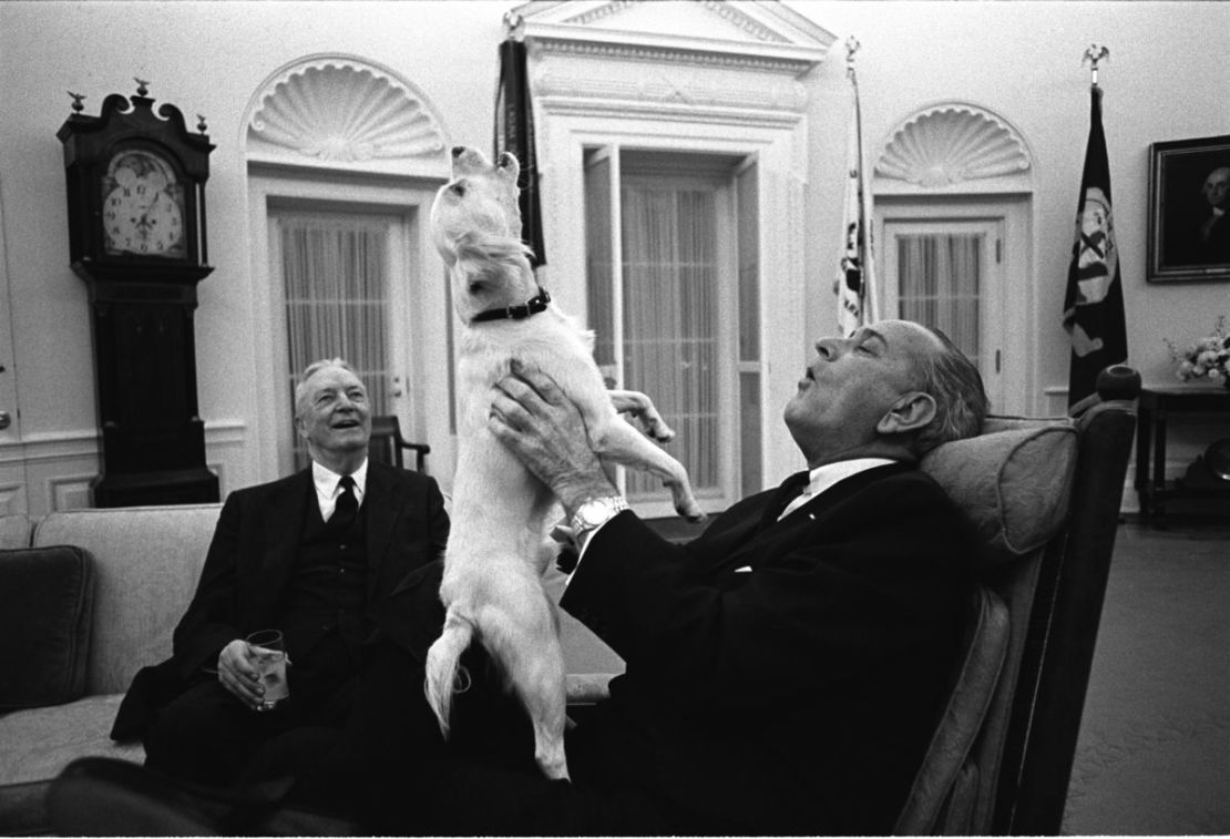 President Lyndon B. Johnson sings with Yuki as Ambassador David Bruce looks on, 1968.