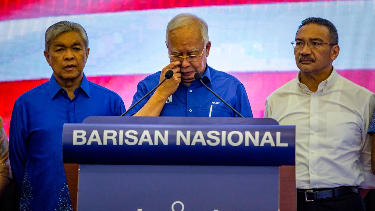 Najib Razak seen at a press conference following his shock defeat in the Malaysia general election in May 2018.