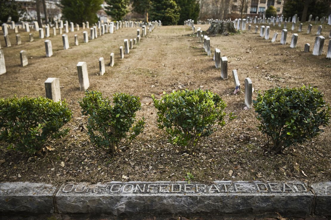 Graves of Confederate soldiers line Oakland Cemetery.