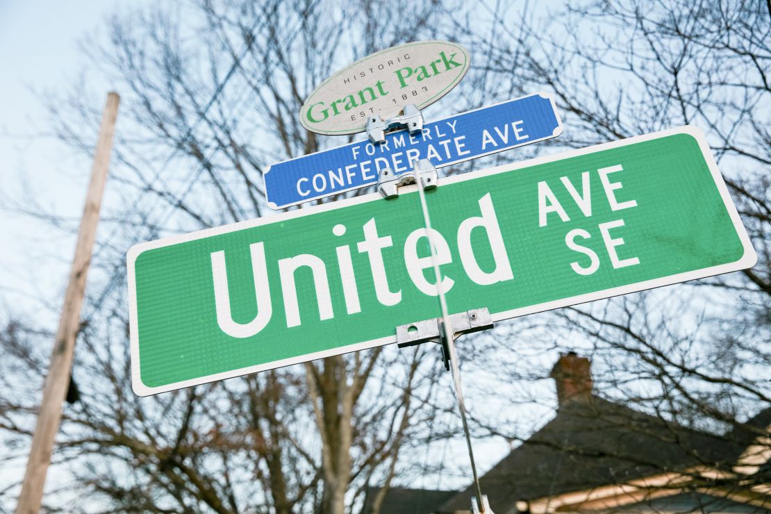 A small blue marker indicates the former name of United Avenue in Atlanta's Grant Park neighborhood.