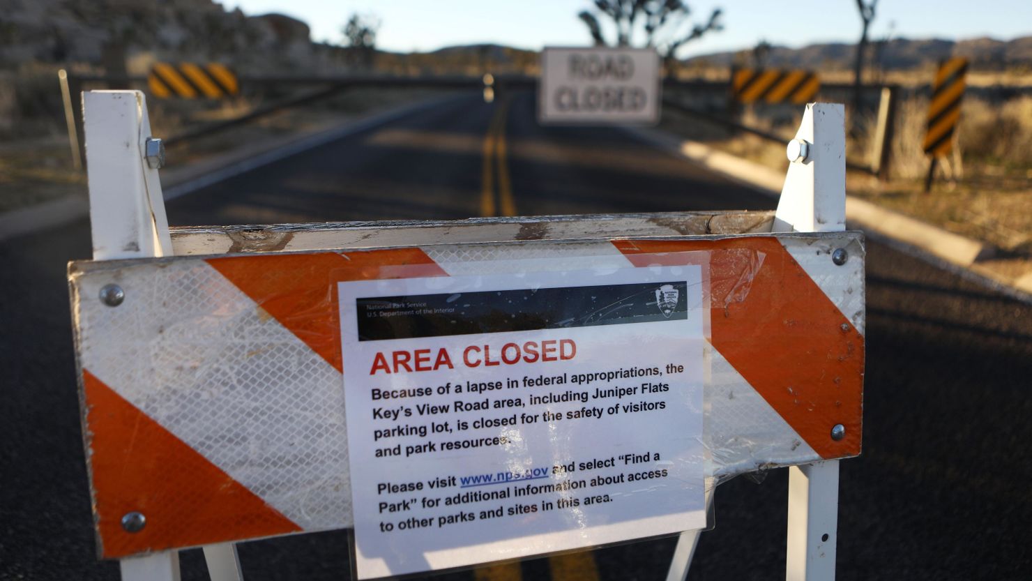 A closed section of road in Joshua Tree National Park on January 4, 2019.