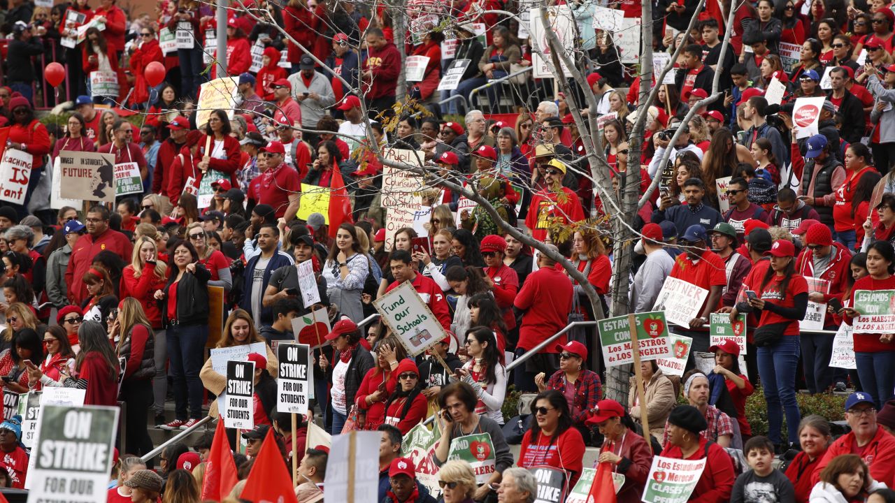 Teachers, parents and students gather Friday near Los Angeles City Hall.