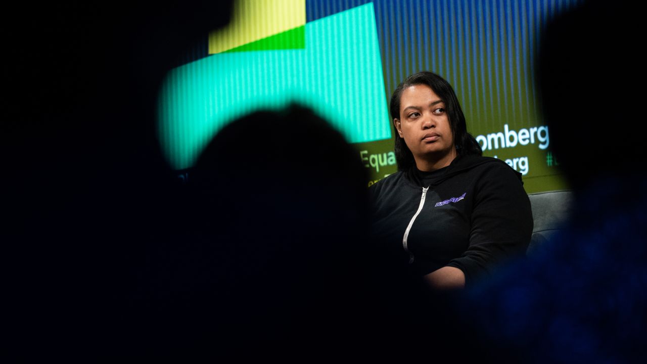 Arlan Hamilton sits on stage during the Bloomberg Business of Equality conference in New York on May 8, 2018.