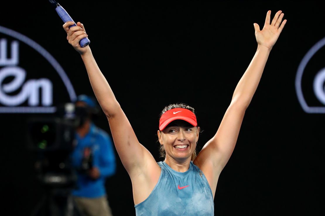 Maria Sharapova celebrates after beating Caroline Wozniacki at the Australian Open. 
