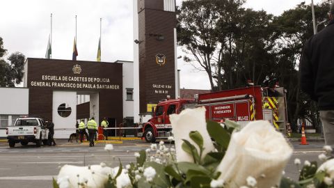Floral tributes left to the victims of a car bomb attack at the police academy in Bogota.