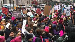 Demonstrators gather at New York City's Foley Square for a "Women's Unity Rally" on Saturday, January 19, 2019.