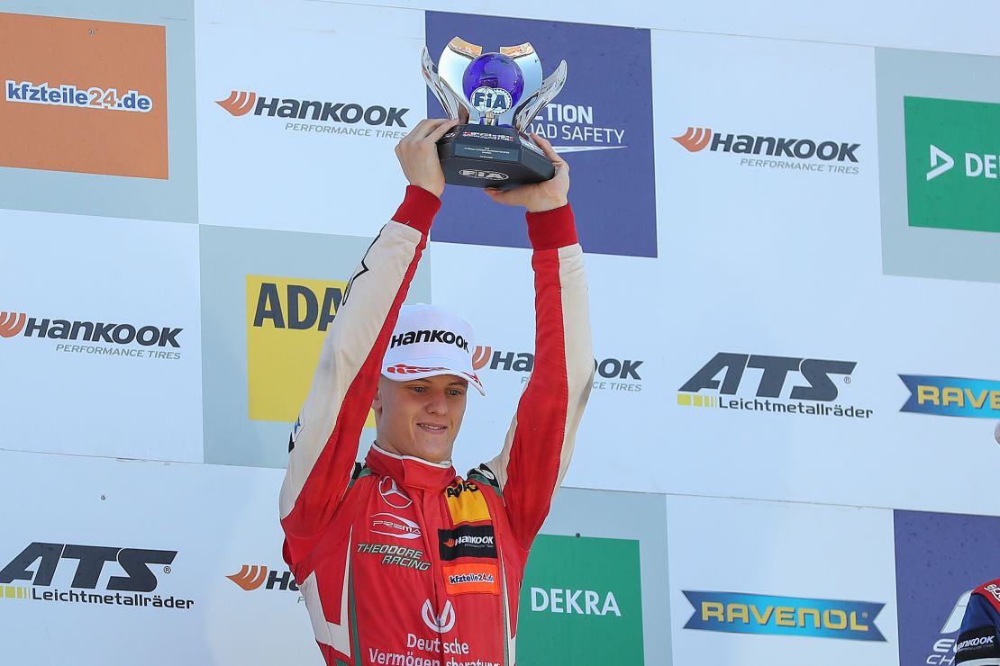 Mick Schumacher celebrates the winning of the Formula 3 Championship at Hockenheimring on October 14, 2018 