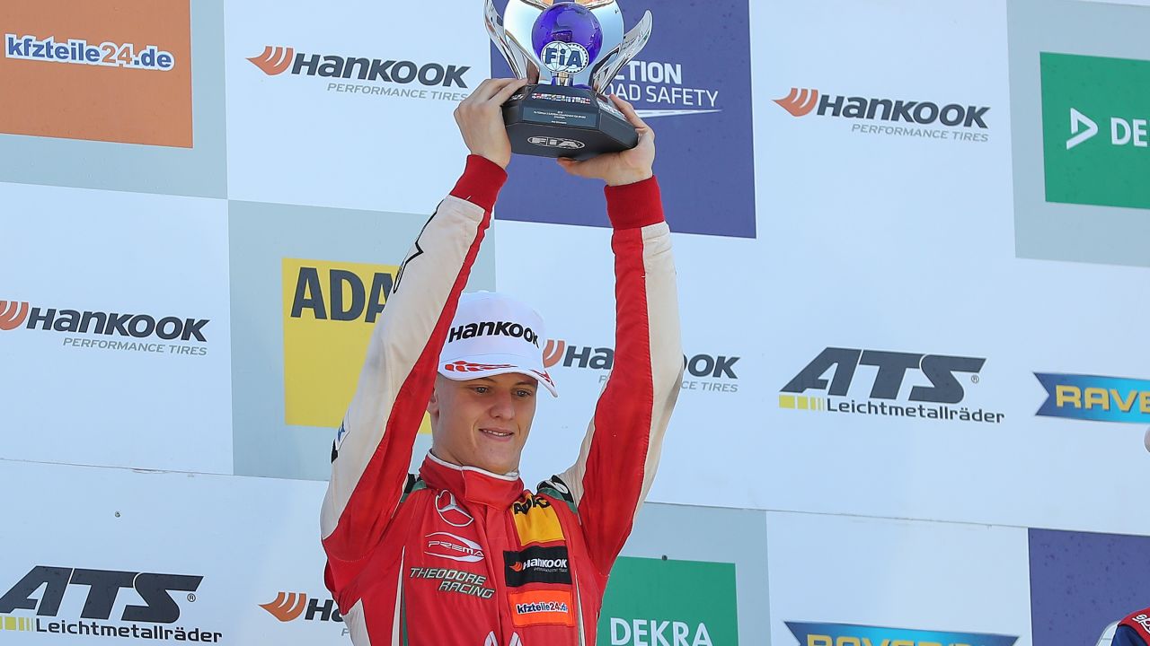 Mick Schumacher celebrates the winning of the Formula 3 Championship at Hockenheimring on October 14, 2018