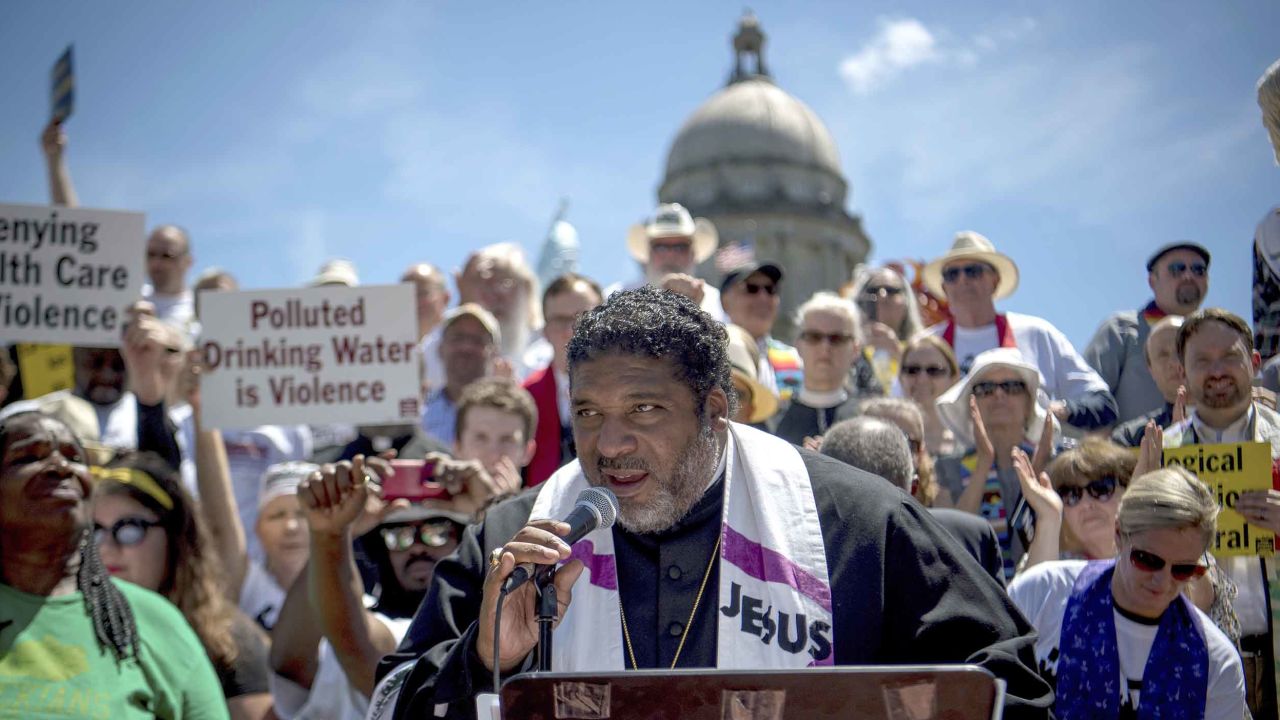Reverend William J. Barber speaks to demonstrators at a protest organized by the Kentucky Poor People's Campaign in Frankfort, Kentucky, on June 4, 2018.