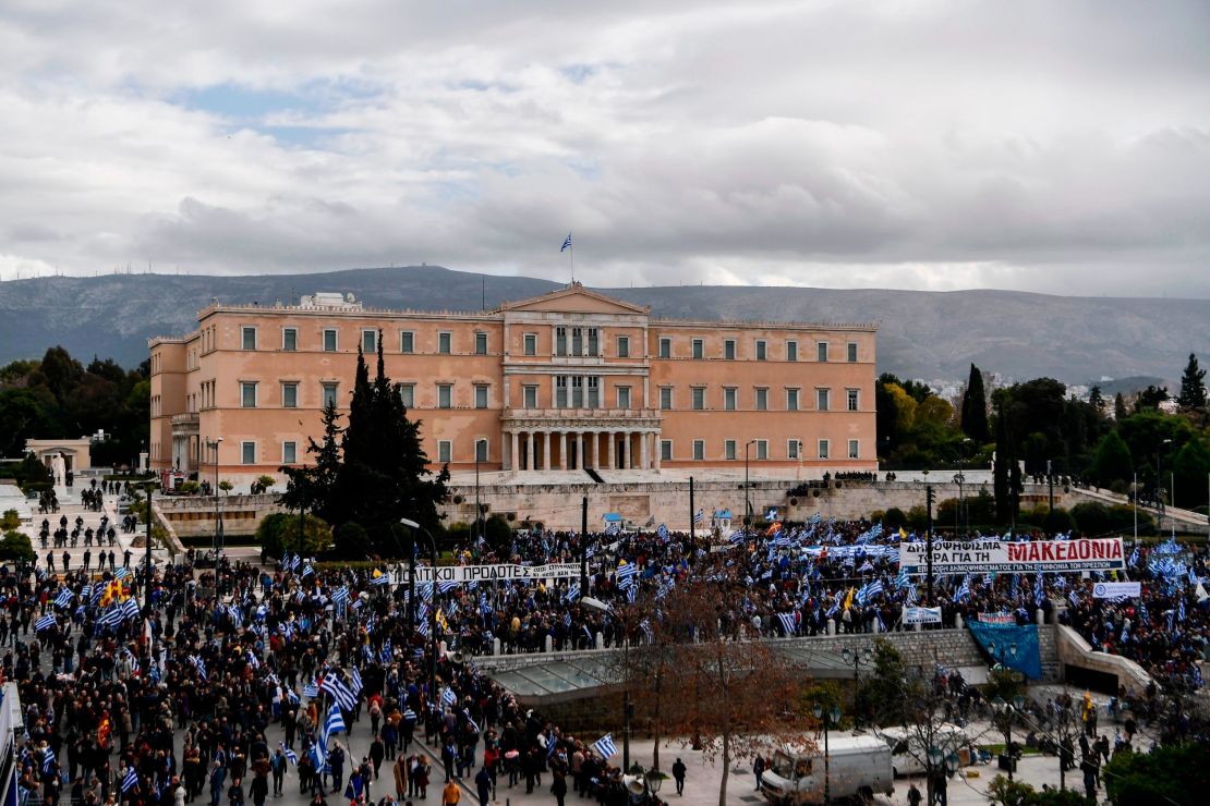 Protesters gather on Sunday during a demonstration  outside the Greek Parliament against the agreement with Skopje to rename the neighboring country, Macedonia, as the Republic of North Macedonia.