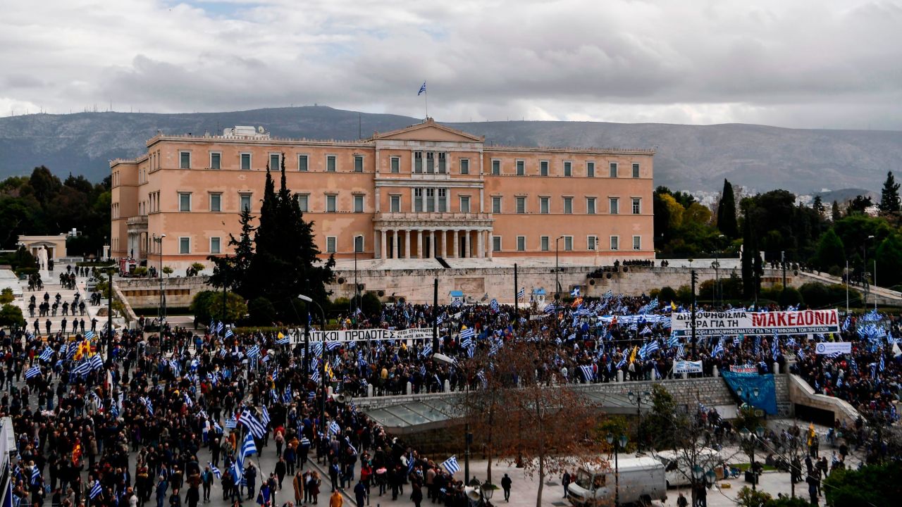 Protesters gather on Sunday during a demonstration outside the Greek Parliament against the agreement with Skopje to rename the neighboring country, Macedonia, as the Republic of North Macedonia.