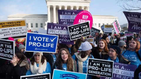 Pro-choice activists hold signs in response to anti-abortion activists participating in the "March for Life," an annual event to mark the anniversary of the 1973 Supreme Court case Roe v. Wade, which legalized abortion in the US, outside the US Supreme Court in Washington, DC, January 18, 2019.