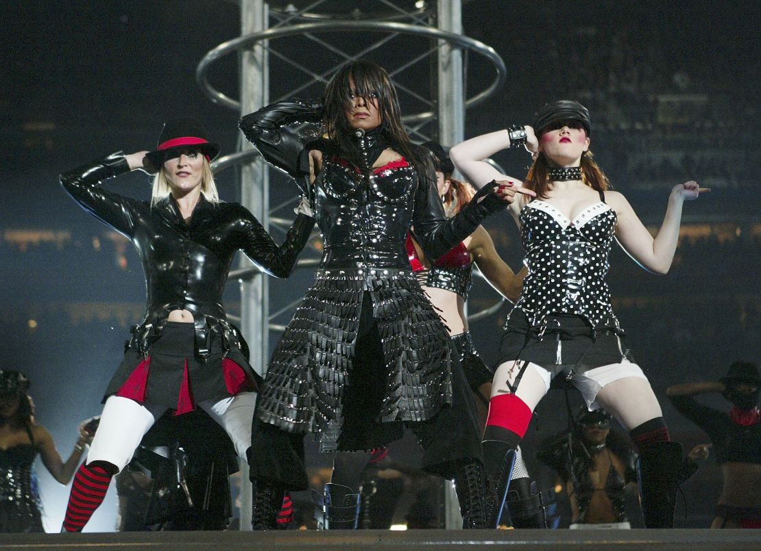Janet Jackson performs during the halftime show at Super Bowl XXXVIII at Houston's Reliant Stadium in 2004.