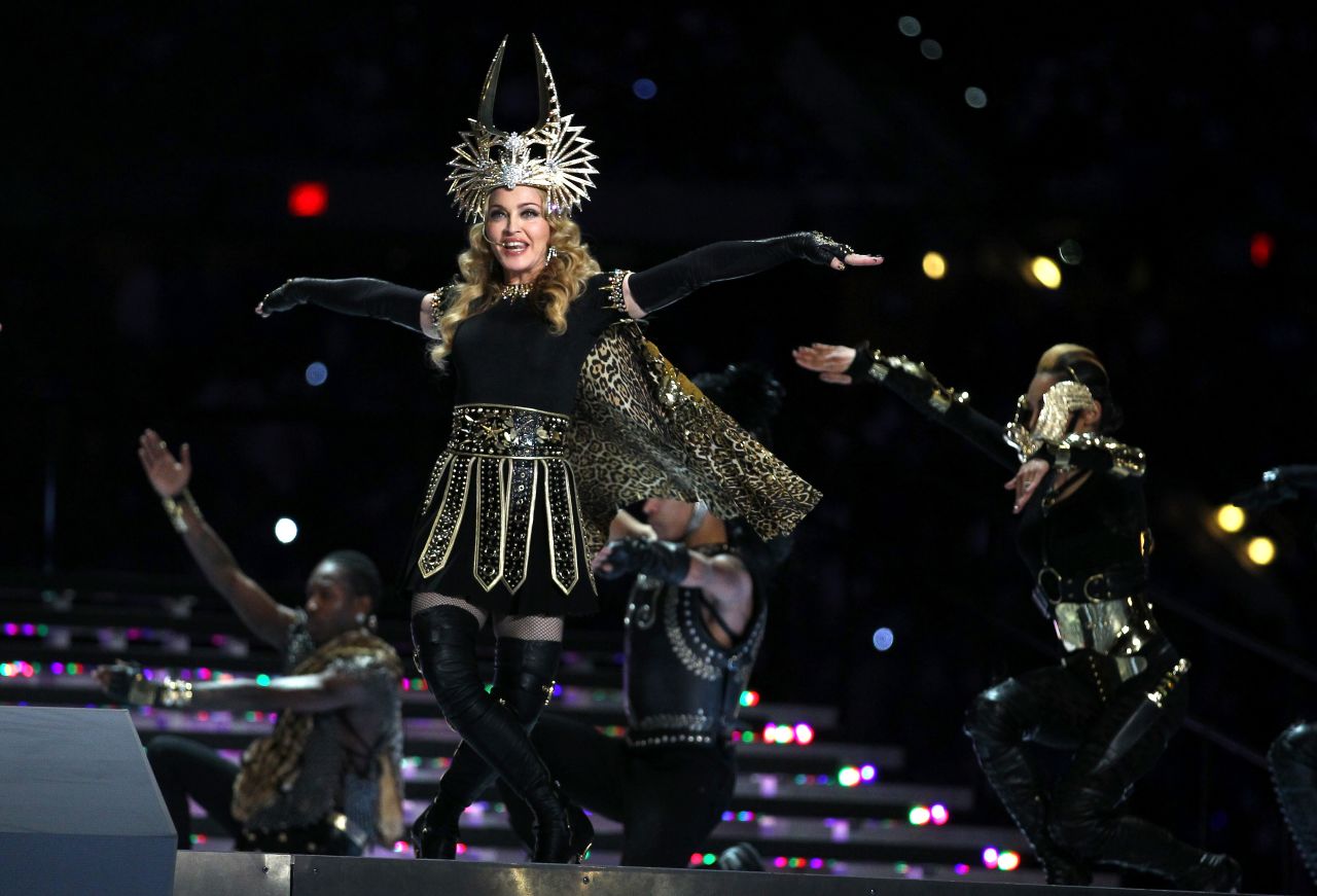 Madonna wears Givenchy by Riccardo Tisci at Super Bowl XLVI in 2012.