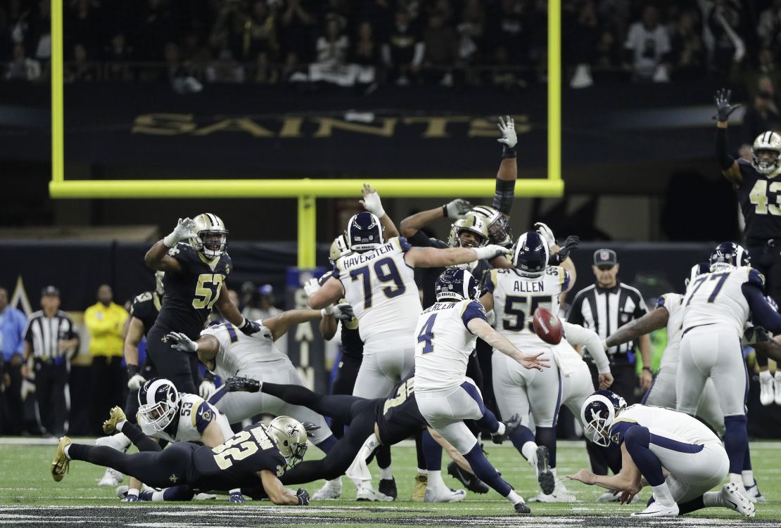 Los Angeles Rams kicker Greg Zuerlein kicks the game-winning field goal in overtime of the NFC championship game against the New Orleans Saints on January 20 in New Orleans.