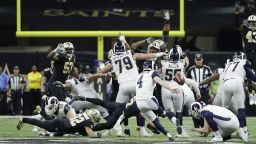 Los Angeles Rams kicker Greg Zuerlein kicks the game-winning field goal in overtime of the NFC championship game against the New Orleans Saints