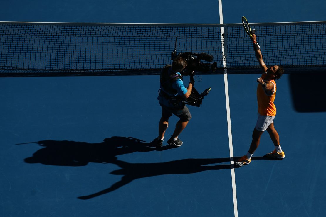 Rafael Nadal celebrates after defeating Tomas Berdych. 