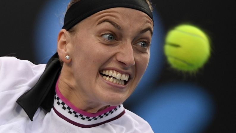 Petra Kvitova of the Czech Republic hits a backhand return of a shot by Romania's Irina-Camelia at the Australian Open  in Melbourne on Wednesday, January 16.