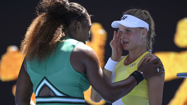 Serena Williams <a href="index.php?page=&url=https%3A%2F%2Fbleacherreport.com%2Farticles%2F2816567-serena-williams-dayana-yastremska-crying-after-loss-broke-my-heart" target="_blank" target="_blank">consoles Ukraine's Dayana Yastremska</a> after their match at the Australian Open in Melbourne on Saturday, January 19.