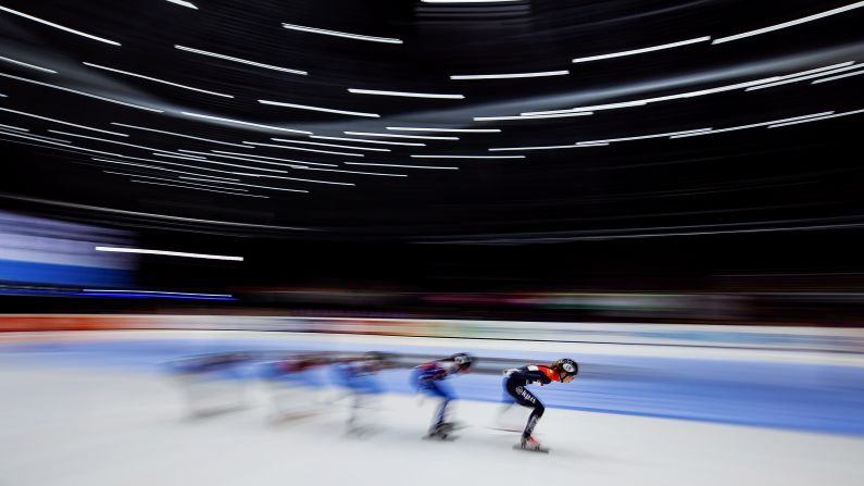 Lara van Ruijven of Netherlands leads the pack in the Ladies 1000m final during the ISU European Short Track Speed Skating Championships at Sportboulevard on Sunday, January 13.