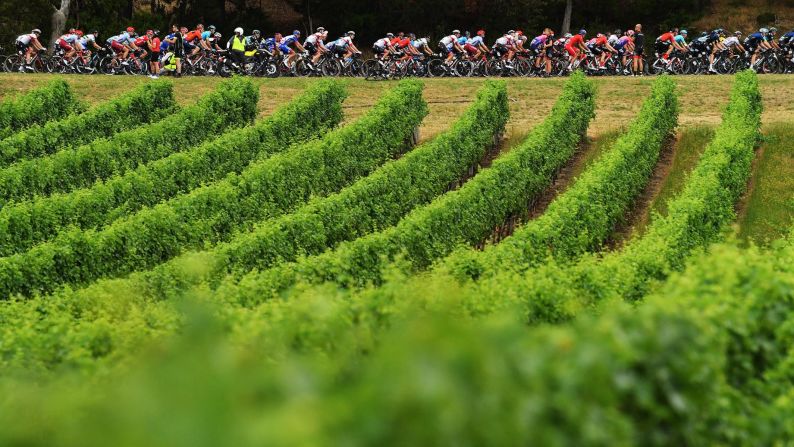 Riders compete during stage three of the Tour Down Under on Thursday, January 17 in Uraidla, Australia.