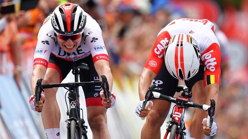 Jasper Philipsen of Belgium, left, and Caleb Ewan of Australia sprint to the line during stage 5 of the Tour Down Under on Saturday, January 19, in Strathalbyn, Australia.