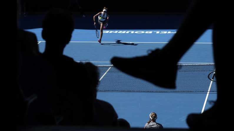 United States' Madison Keys serves to Belgium's Elise Mertens during an Australian Open tennis match on Saturday, January 19.