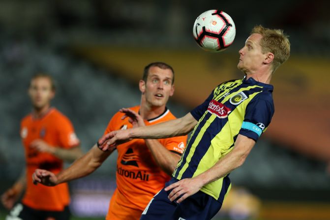 Matt Simon of the Central Coast Mariners controls the ball during a match against the Brisbane Roar at Central Coast Stadium on Sunday, January 20.