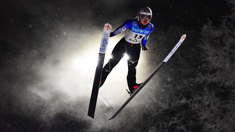 Misaki Shigeno of Japan competes during day one of the FIS Ski Jumping World Cup in Yamagata, Japan, on Friday, January 18.