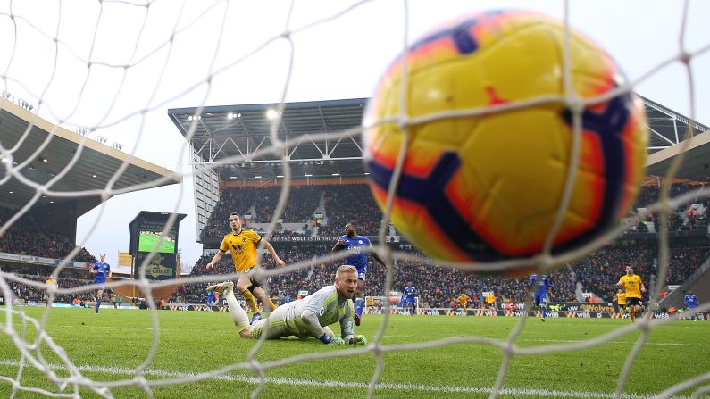 Diogo Jota of Wolverhampton  scores during a Premier League match against Leicester City at Molineux on Saturday, January 19.