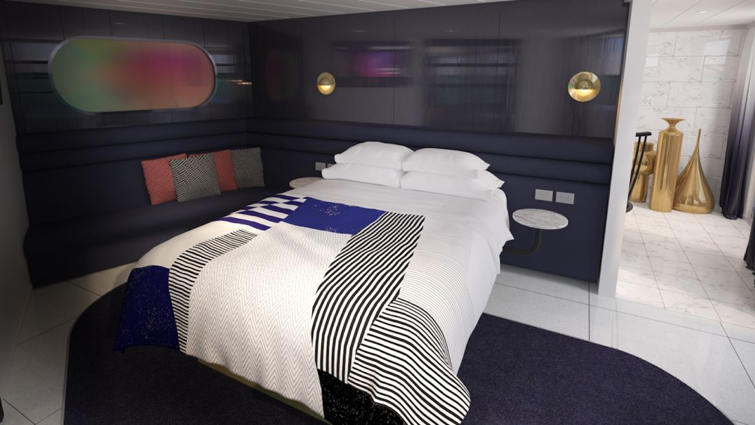 <strong>Not your average cruise ship: </strong>A rendering of the Massive Suite's bedroom. Virgin Voyages is targeted at travelers who might not normally consider cruising. 