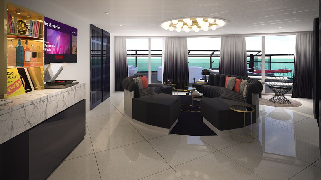 <strong>Massive Suite: </strong>The living space in the Massive Suite has a stocked bar and turntable area.