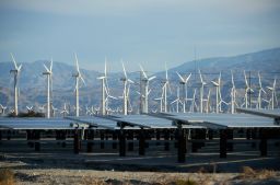 Power companies are increasingly switching to natural gas and renewable energy, such as these wind turbines and solar panels in Palm Springs, California.  (Photo by Kevork Djansezian/Getty Images)