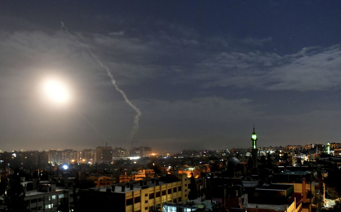 Missiles flying into the sky near international airport, in Damascus, Syria. 