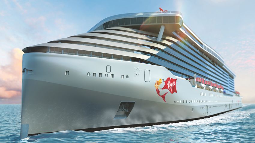 A rendering of Virgin Voyages' first ship, the Scarlet Lady. 