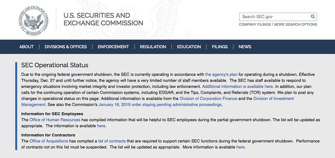 The SEC website is showing this message to let investors know it has a limited staff due to the government shutdown.