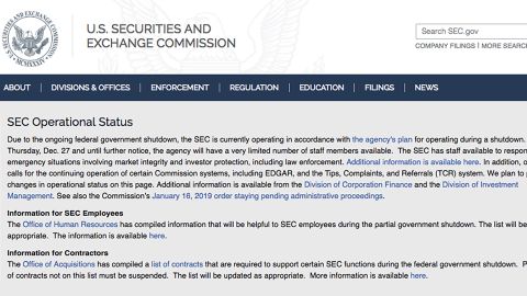 The SEC website is showing this message to let investors know it has a limited staff due to the government shutdown.