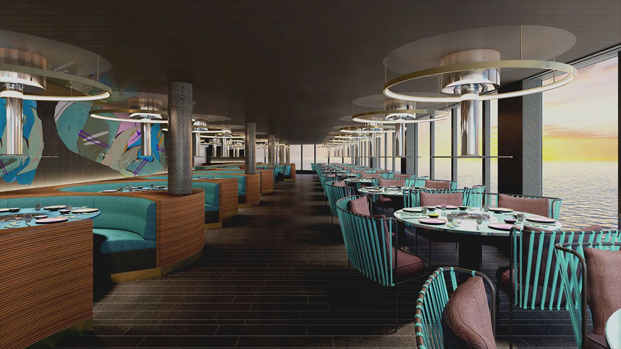 A rendering of the ship's Korean restaurant, Geonbae, where top-shelf soju shots are on the house.