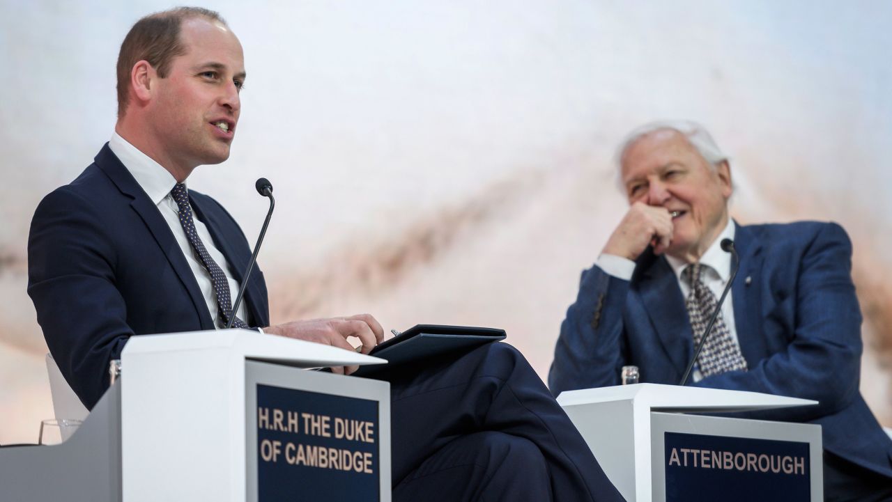 Britain's Prince William, Duke of Cambridge (L) and British naturalist, documentary maker and broadcaster David Attenborough attend a conversation during the World Economic Forum (WEF) annual meeting, on January 22, 2019 in Davos, eastern Switzerland. (Photo by Fabrice COFFRINI / AFP)        (Photo credit should read FABRICE COFFRINI/AFP/Getty Images)