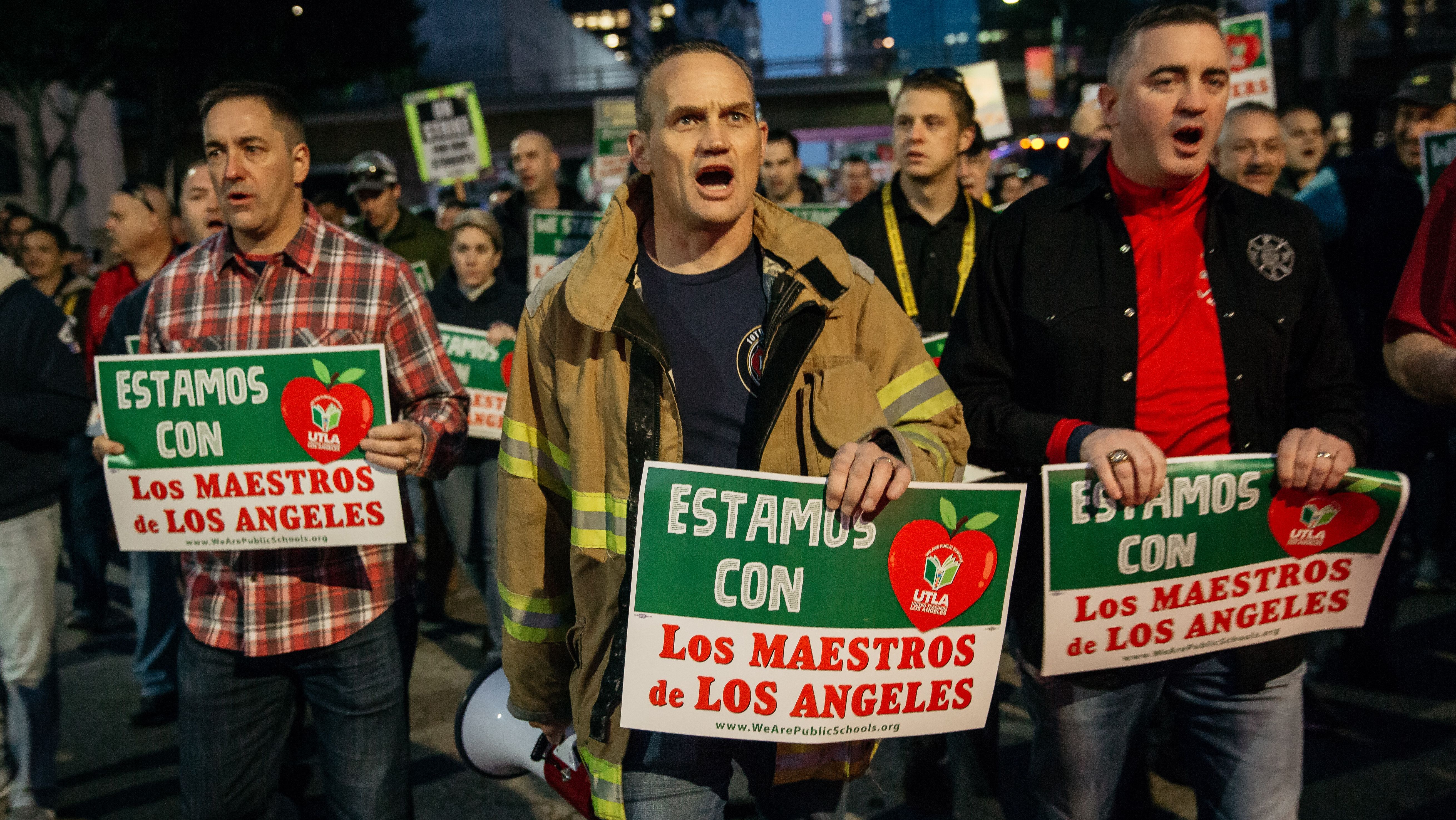 Firefighters marched Tuesday in support of Los Angeles teachers on strike. 