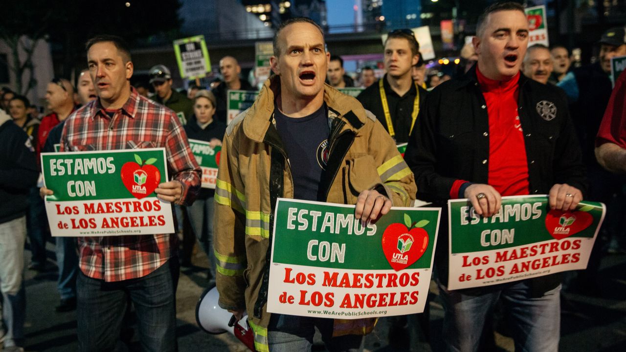 Firefighters marched Tuesday in support of Los Angeles teachers on strike.